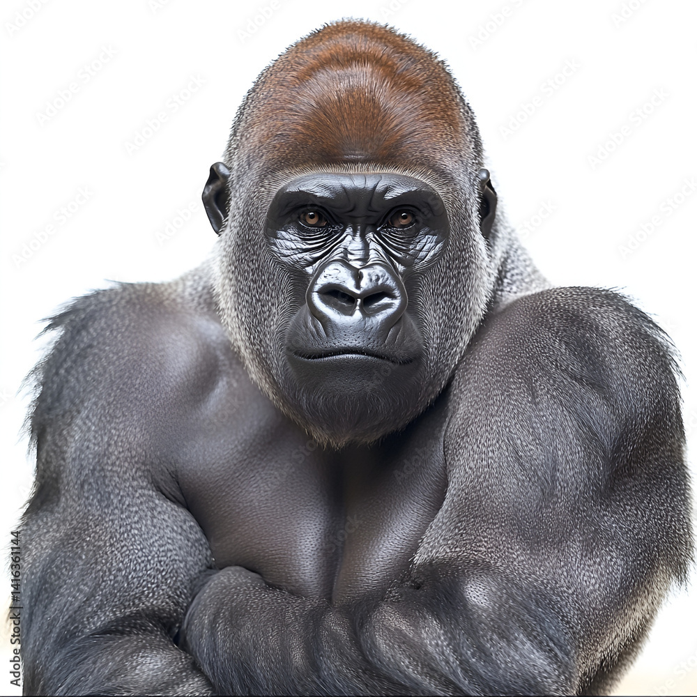 Obraz premium Thinking eyes of a big, strong, hairy western lowland gorilla face, an endangered mammal portrait in the wild Congo