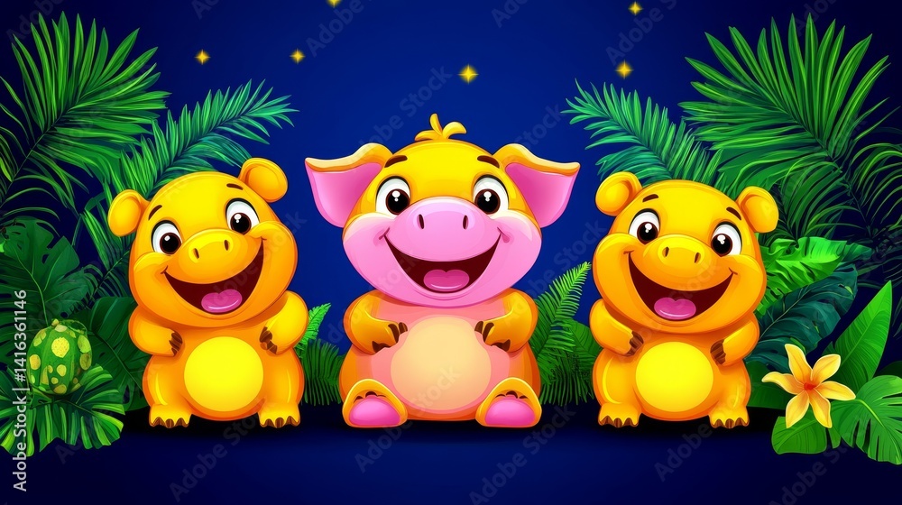 Fototapeta premium Enchanting Cartoon Animal Gathering a Cheerful Trio of Smiling Characters amidst Lush Greenery and Twinkling Stars in a Whimsical Scene