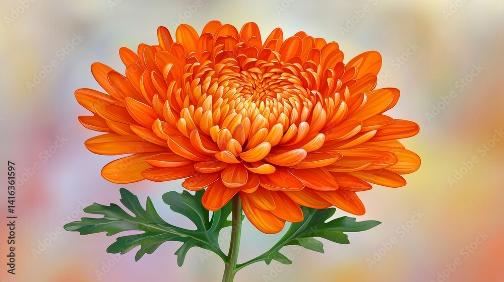 Intricate Warm Orange Chrysanthemum Flower with Layered Petals and Green Leaves