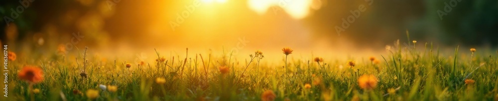 Warm sunlight casts a soft glow on a misty meadow, wildflowers, soft focus Warm sunlight casts a soft glow on a misty meadow, wildflowers, soft focus