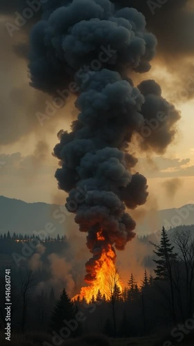 Fiery sunset illuminates raging forest fire dark smoke billows high. AI Generated