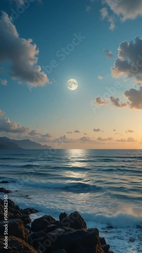 Serene ocean waves gently crash on rocky shore under a bright full moon. AI Generated