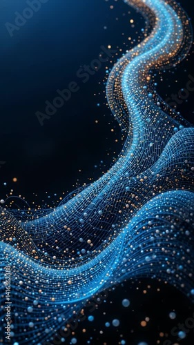 Abstract Blue Wave Glowing Particle Flow Dark Background. AI Generated