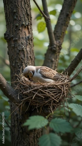 Serene dove peacefully rests in rustic nest soft light bathes warm earthy tones. AI Generated