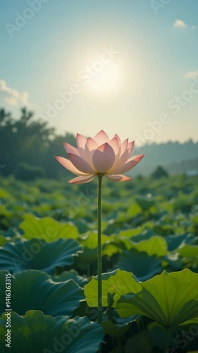 Serene pink lotus flower blooms brightly bathed in warm sunlight peaceful tranquil pond setting. AI Generated