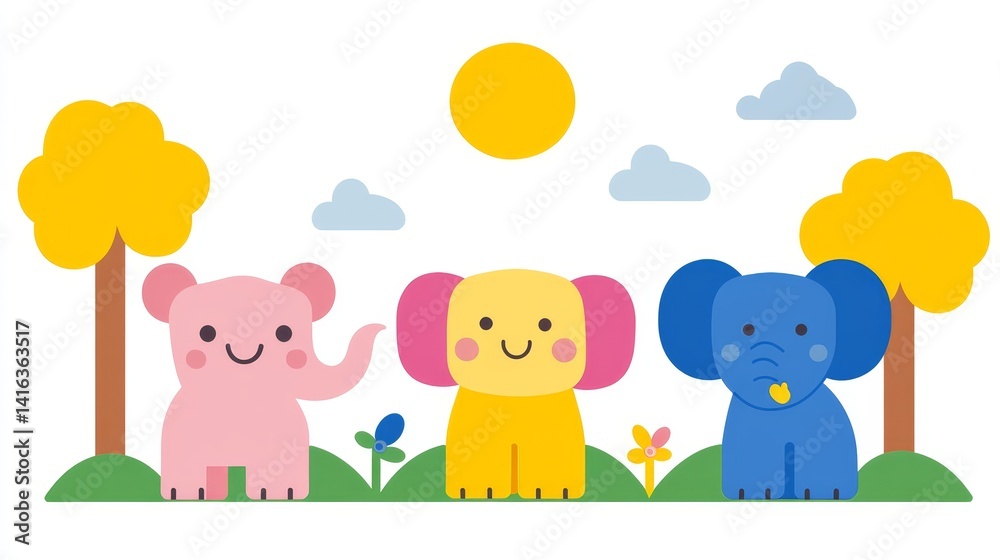 Naklejka premium Charming pixelated elephants adventure under a bright sun adorable cartoon wildlife with sunny day playful animal pixel art creation of cute character