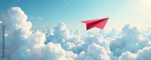 White clouds part way for a red paper plane flying towards them, forward movement, blue and white colors