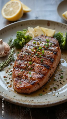 Grilled Pork Chop Sizzling Warm Lighting Delicious Garnish. AI Generated