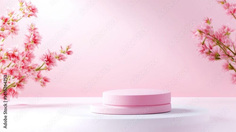Pink podium display with cherry blossoms Pink podium display with cherry blossoms