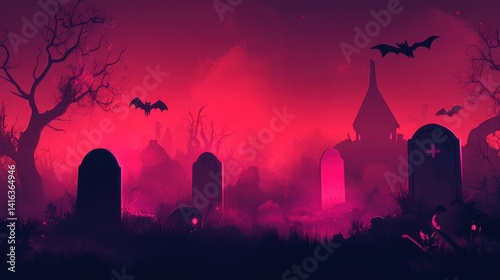 Spooky Halloween graveyard scene with tombstones, bats, and a church in the background. Red and purple color scheme.