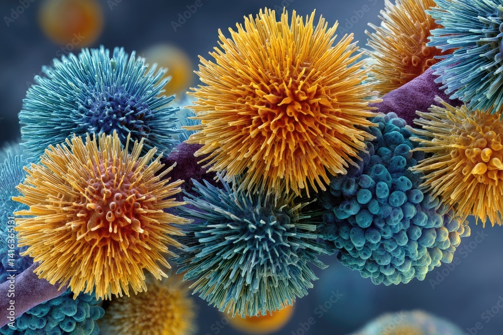 Obraz premium Colorful fungal spores in intricate microscopic detail.