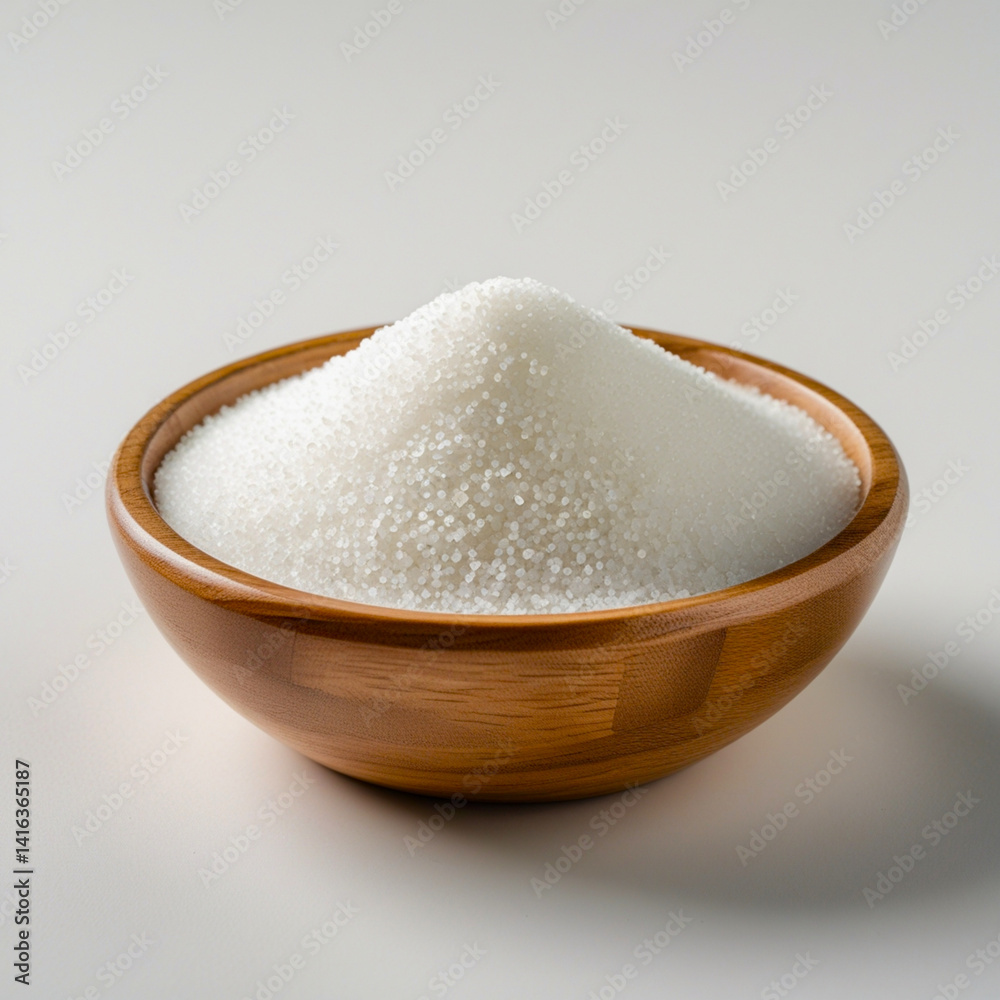 Wooden bowls, light brown in color, filled with granulated sugar. The sugar is bright white with a white background generate ai Wooden bowls, light brown in color, filled with granulated sugar. The sugar is bright white with a white background generate ai