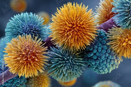 Colorful fungal spores in intricate microscopic detail.