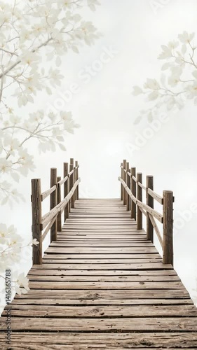 Serene Wooden Bridge Recedes Softly into Misty White Light. AI Generated