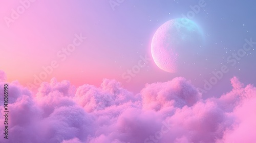 Dreamy scene with pink clouds and a glowing moon. Fantasy, dreamscape, and ethereal concepts.