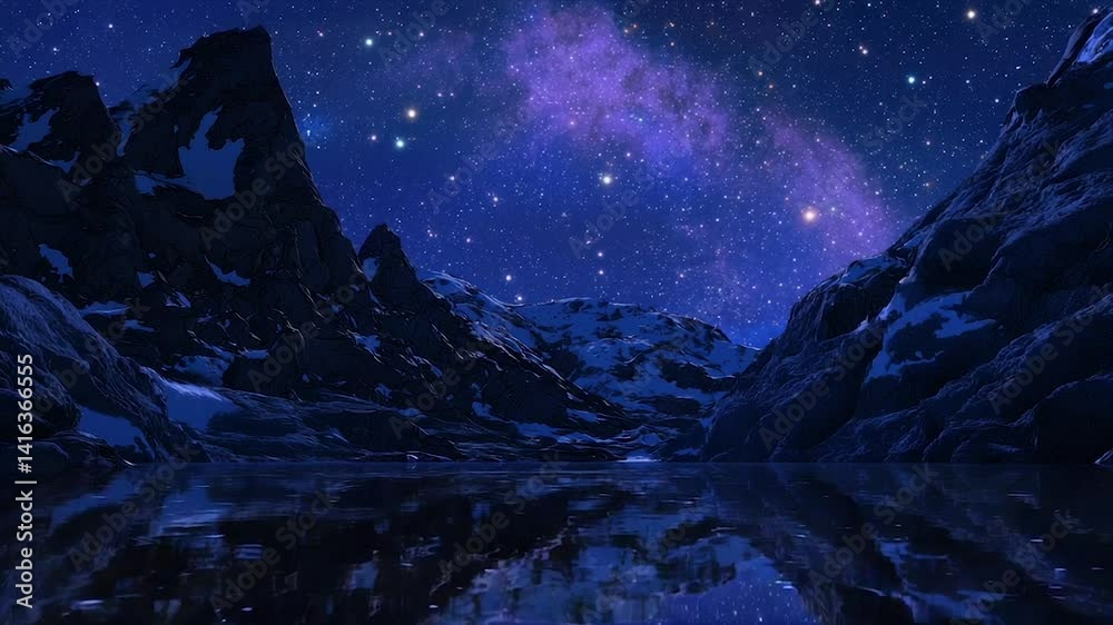Starry night sky over snow-capped mountains reflected in a calm lake Starry night sky over snow-capped mountains reflected in a calm lake