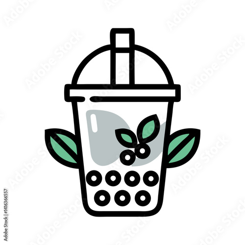Bubble Tea with Leaves Icon Representing Fresh Flavored Beverage and Refreshment