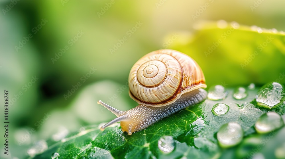 Closeup Macro Photo of Snail on Green Leaf, Intricate Shell Patterns with Water Droplets, Serene Outdoor Setting, Peaceful Natural Beauty Highlighted by Midday Sun, Snail Moves Slowly Closeup Macro Photo of Snail on Green Leaf, Intricate Shell Patterns with Water Droplets, Serene Outdoor Setting, Peaceful Natural Beauty Highlighted by Midday Sun, Snail Moves Slowly