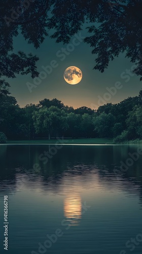 Full moon over tranquil lake at night