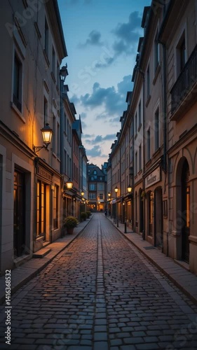 Serene twilight illuminates cobblestone street quaint buildings. AI Generated