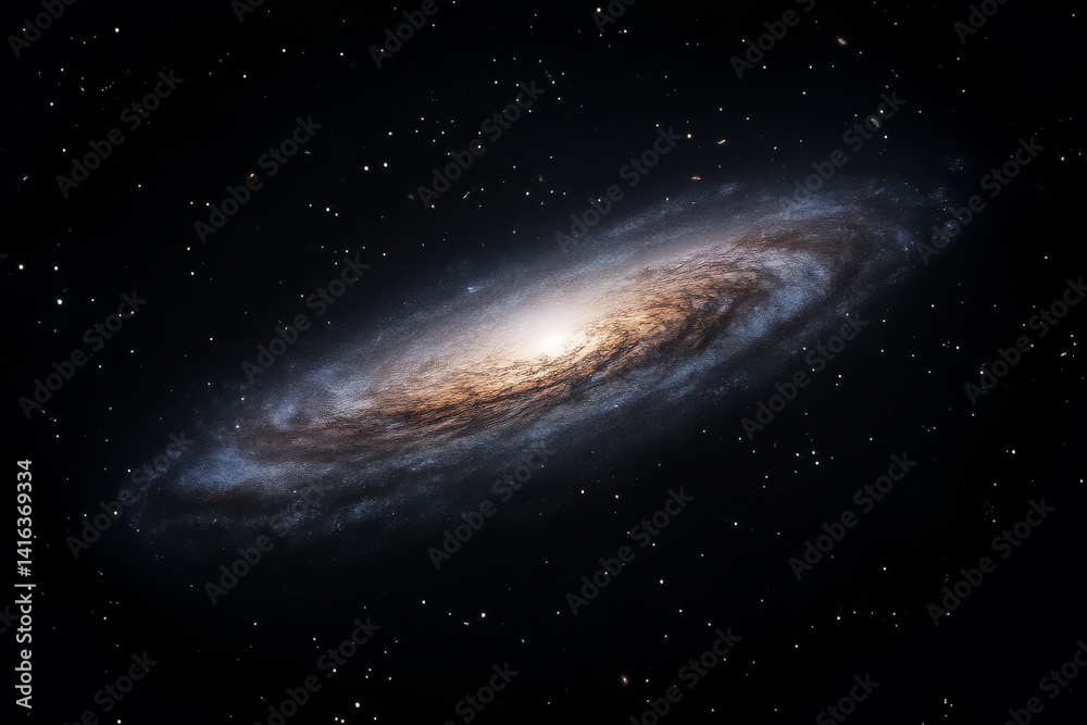 Fototapeta premium Celestial Canvas: A mesmerizing vista of a spiral galaxy unfurls across the cosmic expanse, revealing swirling arms of stars, gas, and dust, with the vast darkness of space as its backdrop.