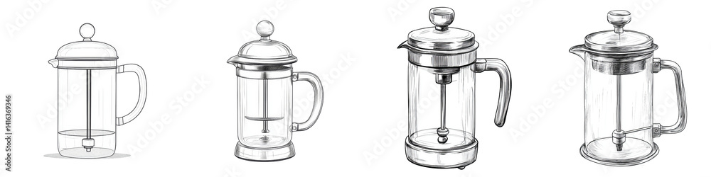 Four Sketch Coffee Frothers, Isolated on Transparent Background, Hand-Drawn, Beverage Maker, Coffee Frother, Sketch, Transparent Background Four Sketch Coffee Frothers, Isolated on Transparent Background, Hand-Drawn, Beverage Maker, Coffee Frother, Sketch, Transparent Background