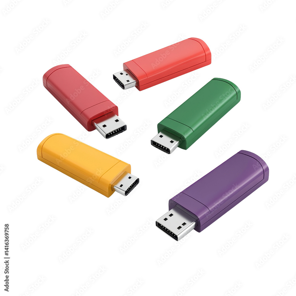 Five Colorful USB Flash Drives Scattered, Isolated on Transparent Background, 3D Render, Data Storage, USB drive, flash drive, data storage Five Colorful USB Flash Drives Scattered, Isolated on Transparent Background, 3D Render, Data Storage, USB drive, flash drive, data storage
