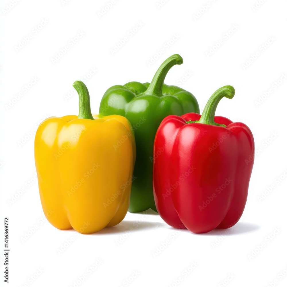 Three bell peppers, red, green, yellow isolated on white background Three bell peppers, red, green, yellow isolated on white background