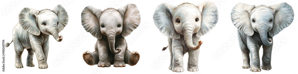 Fototapeta premium Four Cute Baby Elephants Digital Painting, Isolated on Transparent Background, Clipart, Illustration, Elephant, Baby Animals, Wildlife
