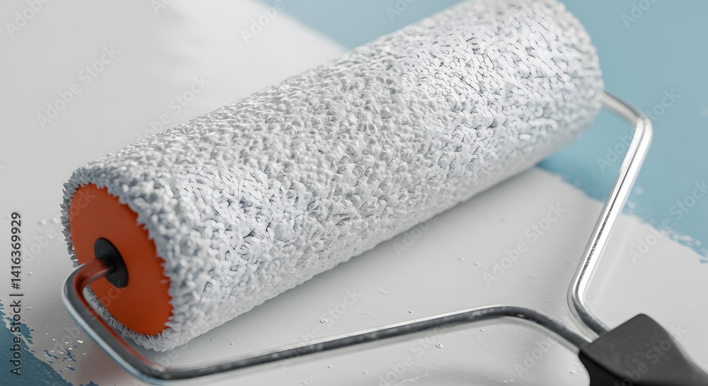 Obraz premium Paint roller applying white paint on a blue surface for home improvement or a DIY project.