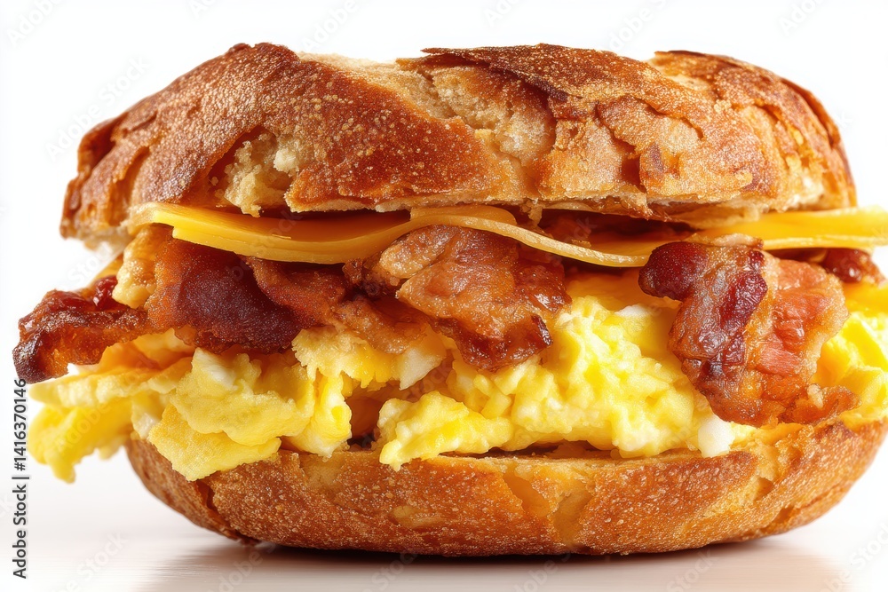 Delicious breakfast sandwich with fluffy scrambled eggs crispy bacon and melted cheese on artisanal bun Delicious breakfast sandwich with fluffy scrambled eggs crispy bacon and melted cheese on artisanal bun