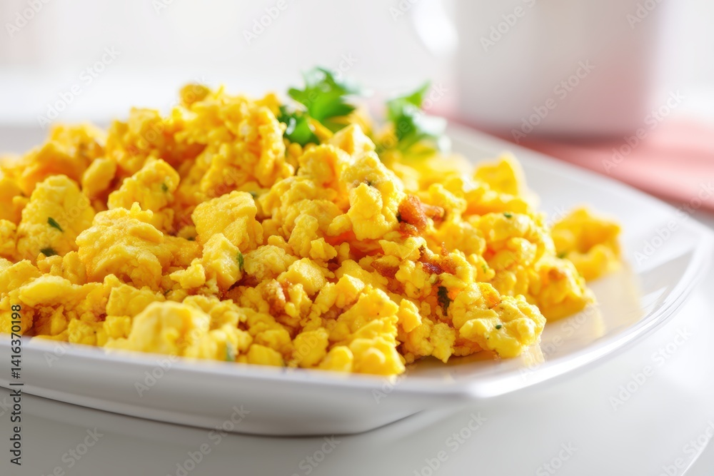 Sunny Scrambled Egg Delight on a White Plate Culinary Still Life Bright Breakfast Theme Yummy Breakfast Food Sunny Scrambled Egg Delight on a White Plate Culinary Still Life Bright Breakfast Theme Yummy Breakfast Food