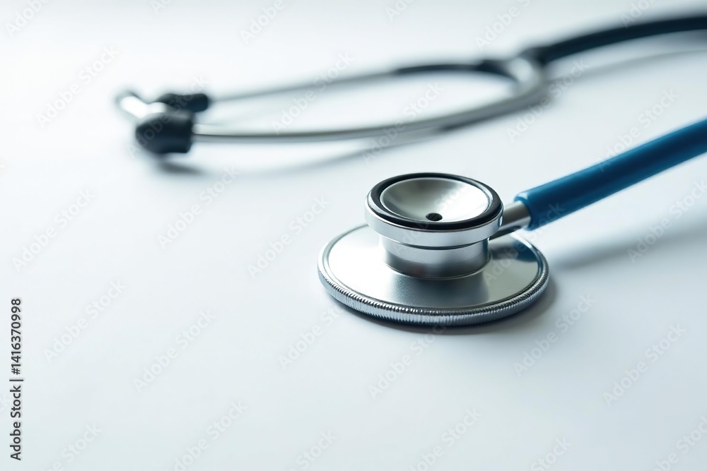 A single stethoscope on white, near a syringe , injection, veterinary care, pet care A single stethoscope on white, near a syringe , injection, veterinary care, pet care