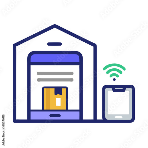 Warehouse with Smartphone Icon Representing Smart Inventory Management and Logistics