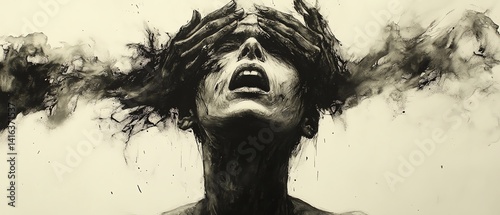 Illustration from a wormseye view of a person in agony, charcoal and watercolor creating a striking image of raw emotion and unwavering determination