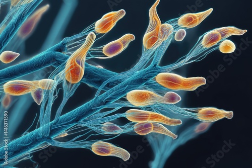 High-powered microscopy captures sperm cells and associated structures. photo