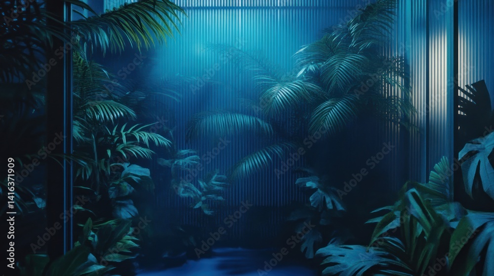 Obraz premium Blue-lit indoor jungle; plants, modern backdrop