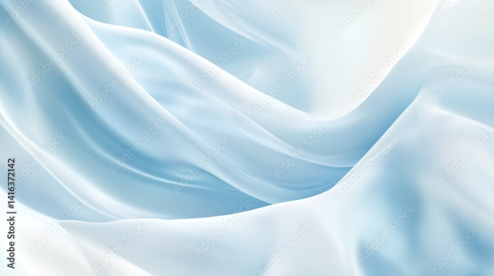 Fototapeta premium Light blue silk fabric folds, soft texture, elegant drape, background blur, textile design