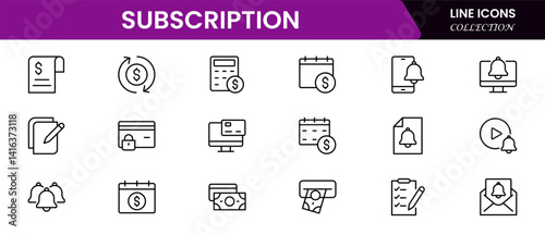 Subscription business icons such as service level agreement, churn, activation, billing, usage-based price, best customer experience, perks, and account vector thin line icons.