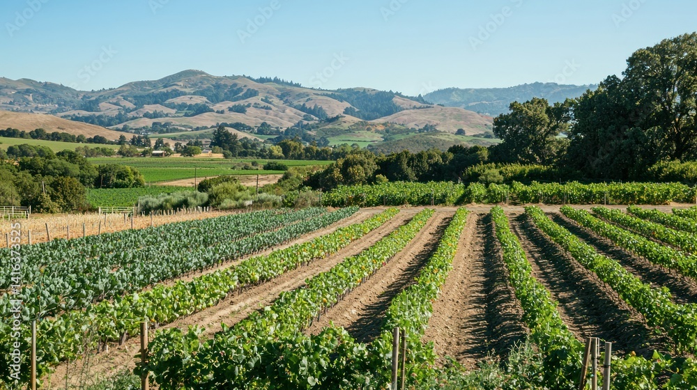 A rural farm with rows of diverse crops, including vegetables, grains, and fruits, growing under the clear sky. A rural farm with rows of diverse crops, including vegetables, grains, and fruits, growing under the clear sky.