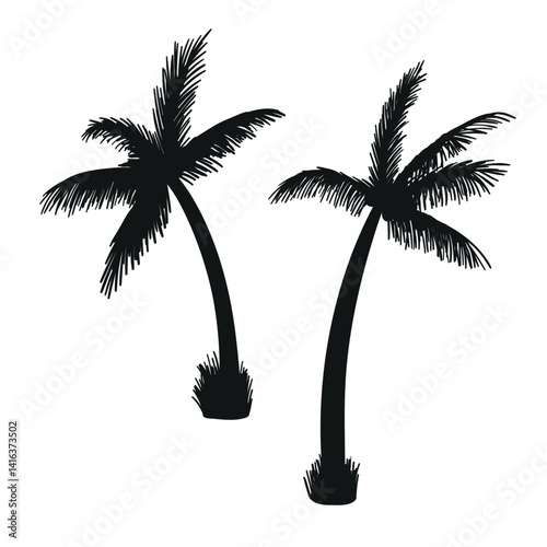 Palm tree silhouette set. Tropical botanical vector illustration. Summer vacation and travel, design template. Relax and recreation on a seashore, beach illustration