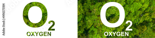 Vector design showing O₂ and the word "oxygen" with a green forest texture. Ideal for themes like nature, environment, sustainability, and air quality in eco-friendly visual content.
