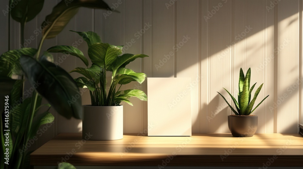Fototapeta premium Sunlit indoor plants on wooden shelf