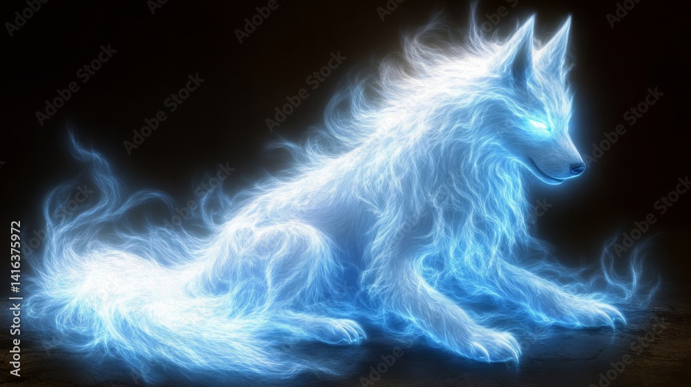 Fototapeta premium Luminous canine entity crafted from ethereal light and shadow an enigmatic wolf radiating spectral energy and glowing intensity on a dark backdrop