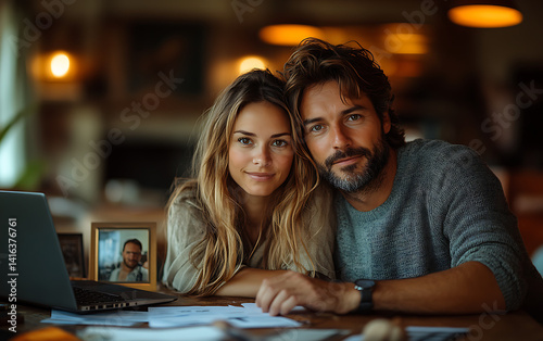 Title: Couple working together on a laptop in a cozy, warm living room
