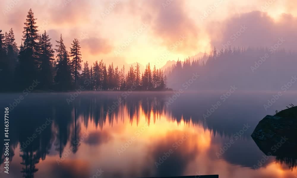 A straight flat simplistic rectangular lake dock, beautiful sunrise, foggy, calm water