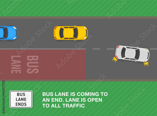 Safe driving tips and traffic regulation rules. Bus lane ends sign. Top view of a car entering the right lane. Lane is open to all traffic. Flat vector illustration template.
