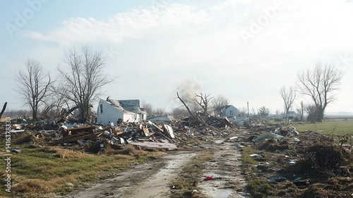 Immense Power and Disorder of a Strong Tornado. Destructive Trail, Scattered Debris, and Sheer Force of Winds Across Terrain.