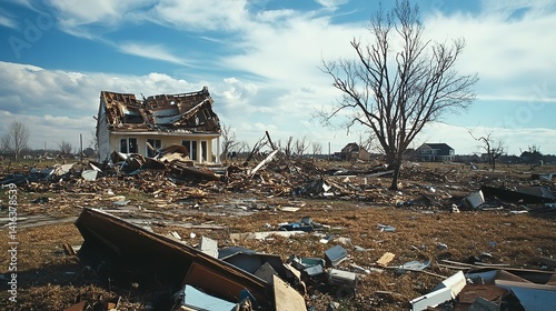Immense Power and Disorder of a Strong Tornado. Destructive Trail, Scattered Debris, and Sheer Force of Winds Across Terrain.
