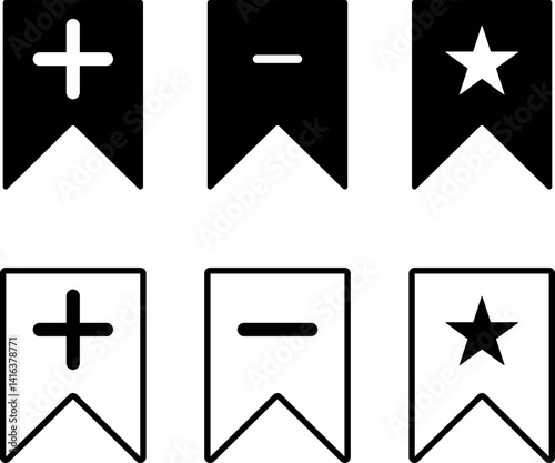 
Add and remove bookmark icon set. plus and minus sign. Save and unsaved concept. 


